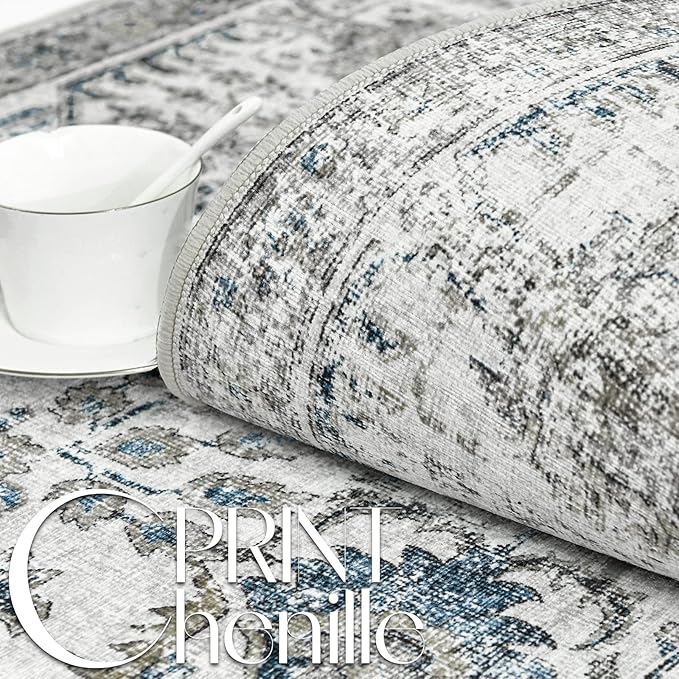 jinchan Kalen Runner Rug 2x7 Washable Hallway Rug Vintage Indoor Thin Retro Floor Cover Distressed Floral Country Lightweight Non Slip Carpet for Entryway Bathroom Bedroom Living Room Stairway Blue