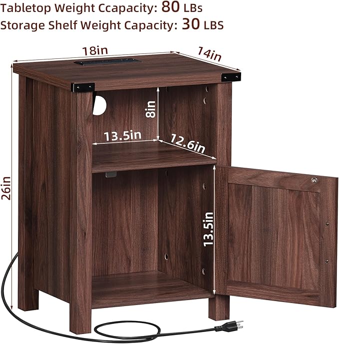 Joaxswe Night Stand Set of 2, 18 Inch Farmhouse Nightstand with with Charging Station and USB Port, Rustic Wood Bedside Table with Magnetic Door, Bed Side Tables for Bedroom, Brown Walnut