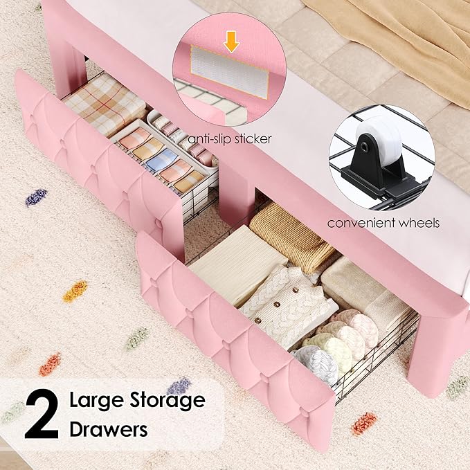 Keyluv Queen Bed Frame with LED Lights and 2 Storage Drawers, Velvet Upholstered Platform with 47" Tall Arc-Shaped Wingback Headboard and Button Tufted Design, No Box Spring Needed, Noise-Free, Pink