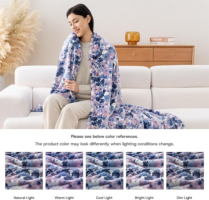 Luxury Printed Fleece Warm Throw Blanket, Soft Lightweight Velvety Plush Throw for Couch and Bed, Cozy Comfy for All Seasons(White Purple Flowers, 50×70 Inches)
