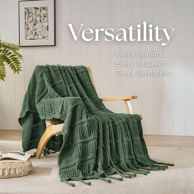 Boho Knitted Chenille Blanket with Tassels - Lightweight & Soft All-Season Throw - 3D Classic Pattern for Living Room Bedroom Couch, Imperial Green, Queen 90"x90"