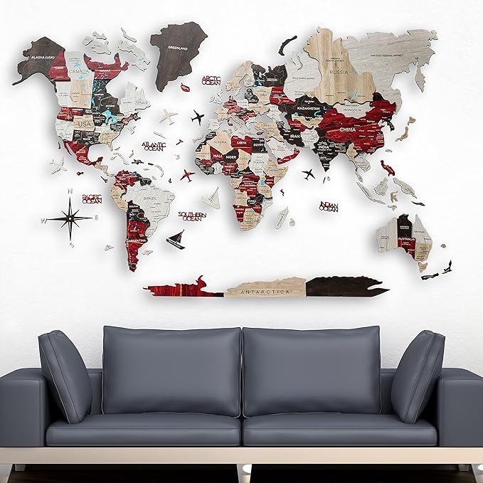 Handmade 3D Wood World Map Wall Art Large Wall Decor Track Your World Travels - Special for Home, Kitchen and Office (Urban, X-Large)