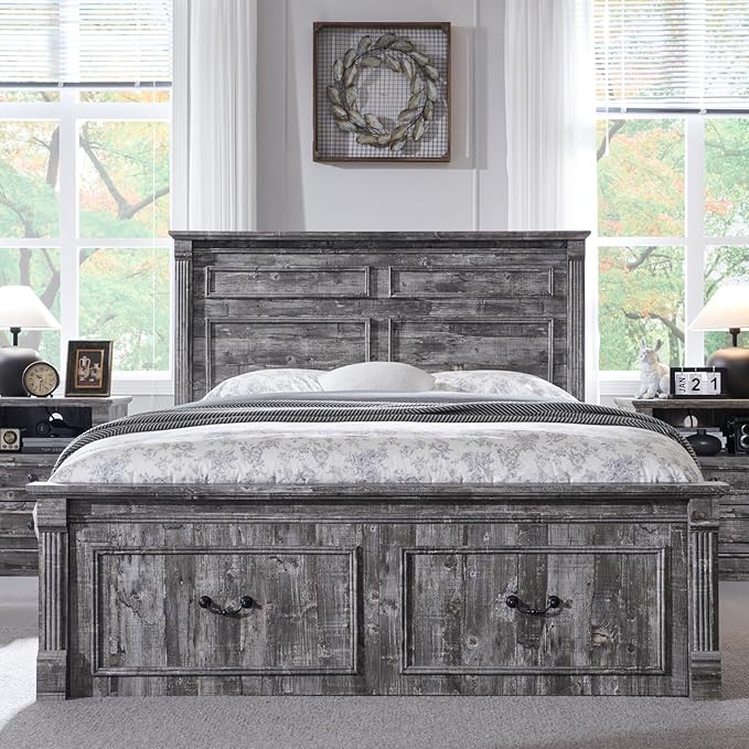 Farmhouse Queen Size Bed Frame with 51" Tall Headboard, Wood Platform Bed Frame with 20" Tall Roman Column Decoration Footboard & 2 Large Storage Drawers, No Box Spring Needed (Light Grey)