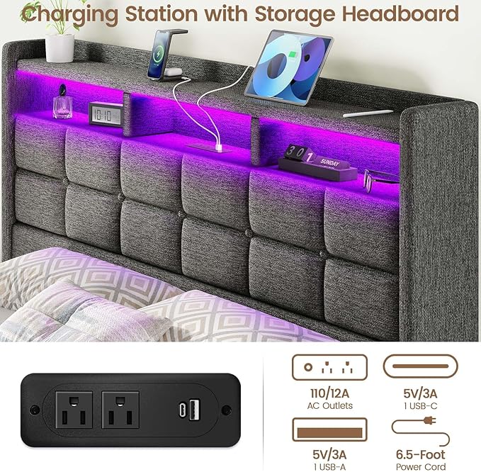 Lift Up Queen Bed Frame with Storage, Upholstered Bed Frame Queen Size with LED Lights Headboard and Charging Station, No Box Spring Needed, Easy Assembly - Dark Grey