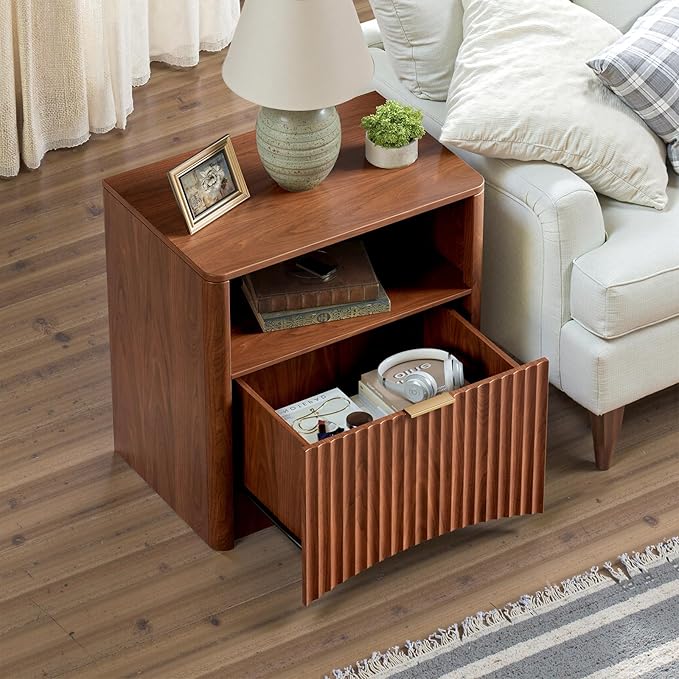 Evermagin Fluted Nightstand, Walnut Bedside Table with Drawer and Storage, Wood End Table Mid Century Modern, Large Night Stand for Bedroom