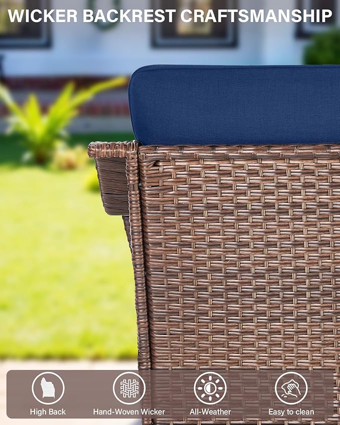 Belord Luxurious 7 Piece Patio Furniture Set with Fire Pit Table, High Back Swivel Rocker Glider Outdoor Chairs with 6" Blue Cushion, All-Weather Patio Conversation Set for Yard Garden Brown Wicker