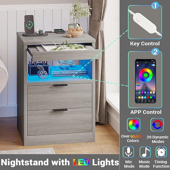 Tiptiper LED Nightstand with Wireless Charging Station, Farmhouse Nightstand with LED Light, Rustic End Table Side Table with Drawers, Pull-Out Tray and Open Storage, Grey Wood Grain