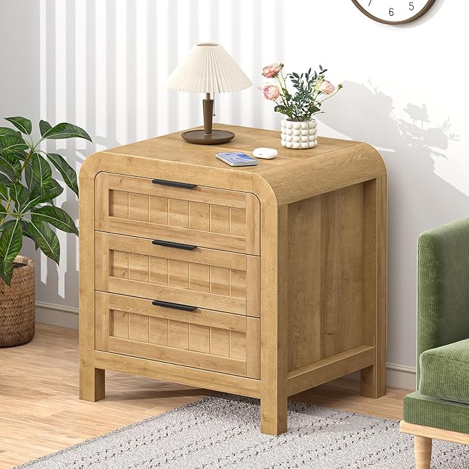 IKENO Wood Nightstand Set of 2 with 3 Storage Drawer, 21" Wide Night Stand with Curved Profile Design, Bedside End Table for Bedroom, Living Room, Closet (2, Natural Oak, 3 Drawer)