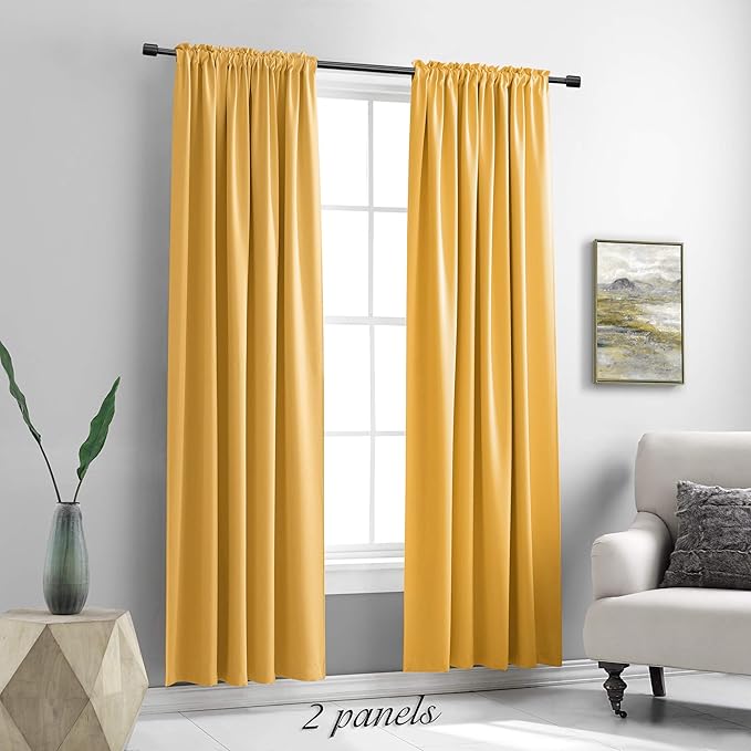 DONREN Gold Yellow Curtains for Bedroom - Thermal Insulated Room Darkening Rod Pocket Curtain Panels (52 W x 90 L,2 Panels)