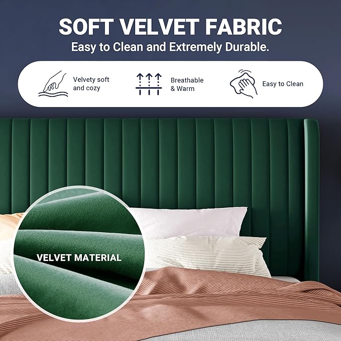 Allewie Queen Size Bed Frame/Velvet Upholstered Platform Bed/Vertical Channel Tufted Wingback Headboard/Strong Wooden Slats/No Box Spring Needed/Easy Assembly/Green