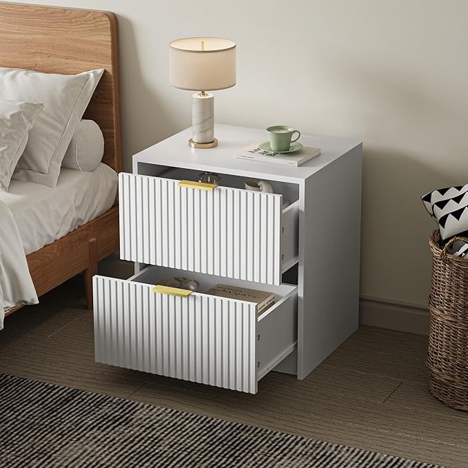 3-Piece Dresser Bedroom Set, 8 Drawer Dresser & 2 Drawer Nightstands with Gold Handles, Fluted Wood Chest of Drawers for Bedroom, Living Room, Entryway, White