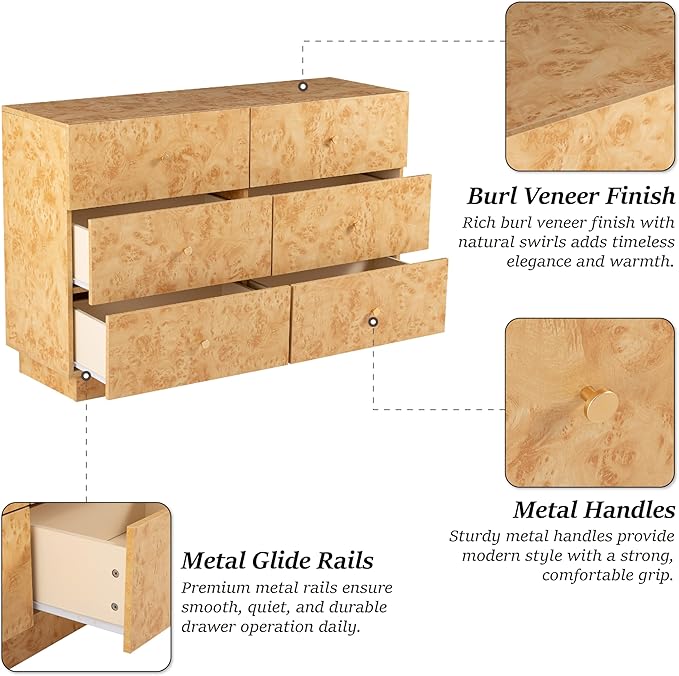 Modern 6 Drawer Dresser Set of 2 with Burl Finish, Wide Wood Chest of Drawers Clothes Organizer, Stylish Large Storage Cabinet for Bedroom or Entryway