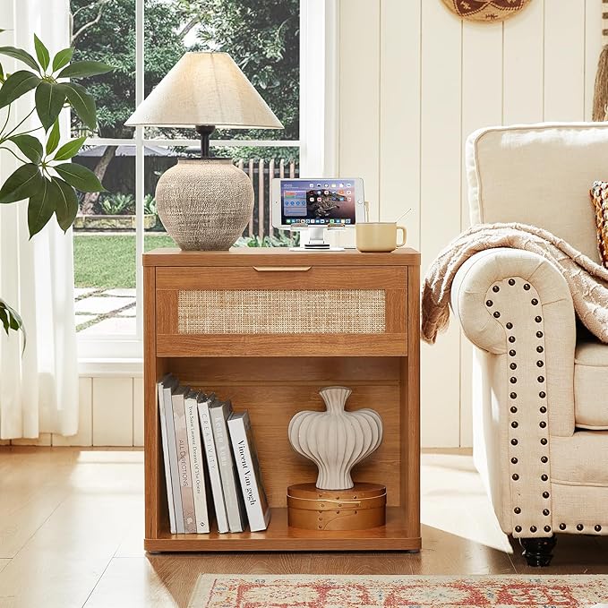 LEYAOYAO Rattan Dresser and Nightstand Set of 2, Boho Wood Dresser for Bedroom with 6 Drawers and Night Stand with Charging Station, Bedroom Furniture, Dressers & Chests of Drawers,Living Room,Hallway