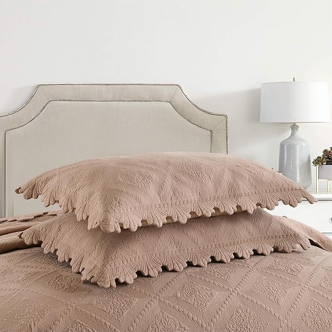 MarCielo 3-Piece 100% Cotton Oversized Bedspread Lightweight Quilt Coverlet Embroidery Farmhouse Bedding Set (TK Pale Taupe Camel, Oversized King (118"x106"))
