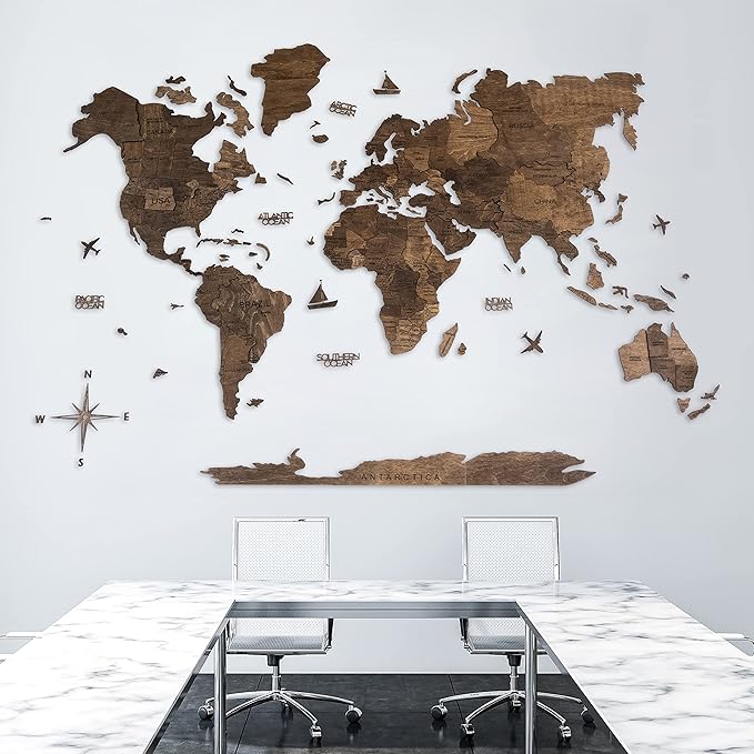 Handmade 3D Wood World Map Wall Art Large Wall Decor Track Your World Travels - Special for Home, Kitchen and Office (Medium, Walnut)