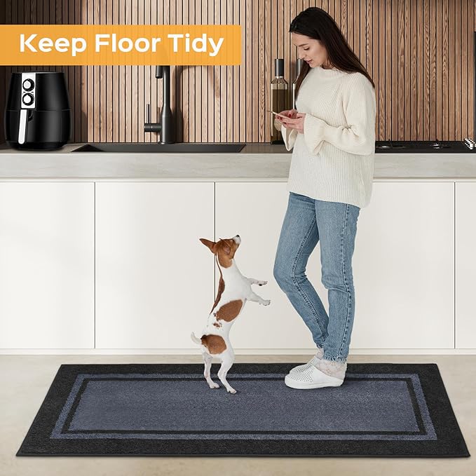 Kitchen Rugs Set (24" x 36"+24" x 60"), Non-Slip Machine Washable Kitchen Runner Rugs Floor Mats, Absorbent Comfort Standing Mat for Kitchen, Sink and Hallway, Rolled Packaging, Bluish Grey & Charcoal