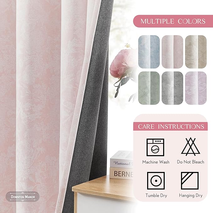 Beauoop Pink Floral Jacquard Blackout Curtains 84 Inches Long 2 Panels for Bedroom Living Room Chenille Flower Room Darkening Thermal Insulated Soundproof Grommet Window Treatments Drapes, 52x84
