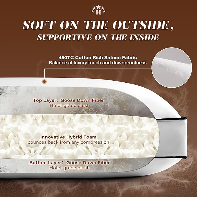 Goose Feather Down Pillow King Size Set of 2, Down Surrounded Hotel Collection Bed Pillows for Sleeping with 3 Inch Gusset, 2 Pack, Fluffy Plush for Side, Back Sleepers 20x36 in.