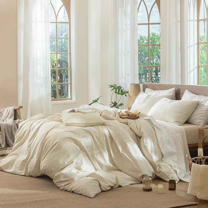 MooMee Striped Duvet Cover Set 100% Washed Cotton Linen Like Textured Breathable Durable Soft Comfy (Almond Milk Grey White Wide Stripes, Oversized Full 82"x86")