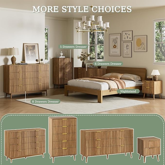 LYNSOM Fluted Dresser and Nightstand Sets 3 Piece, 6-Drawers Dresser and 1-Drawer Nightstands Set of 2, Wood Bedroom Furniture Set for Home, Bedroom, Hallway, Walnut