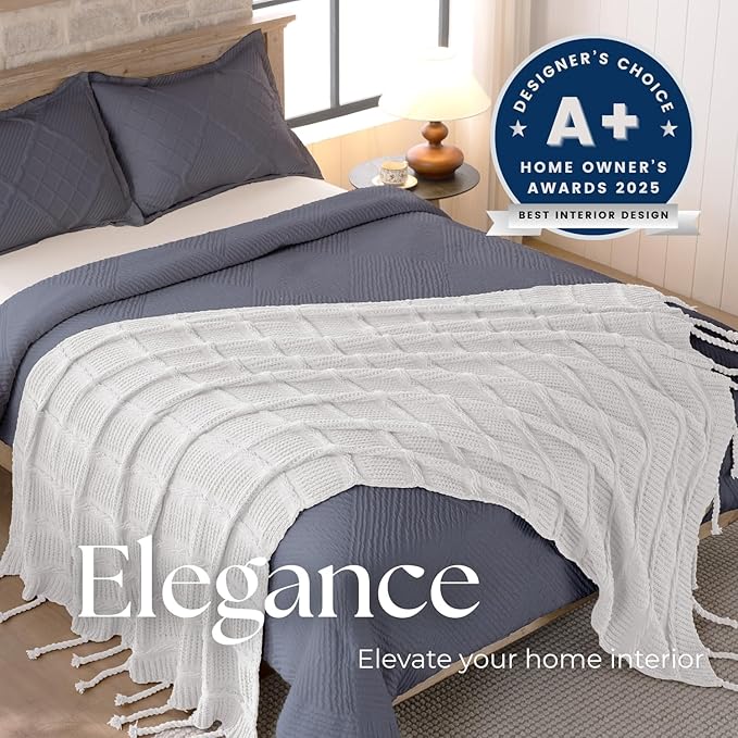 Boho Knitted Chenille Blanket with Tassels - Lightweight & Soft All-Season Throw - 3D Classic Pattern for Living Room Bedroom Couch, Cloud White, Queen 90"x90"