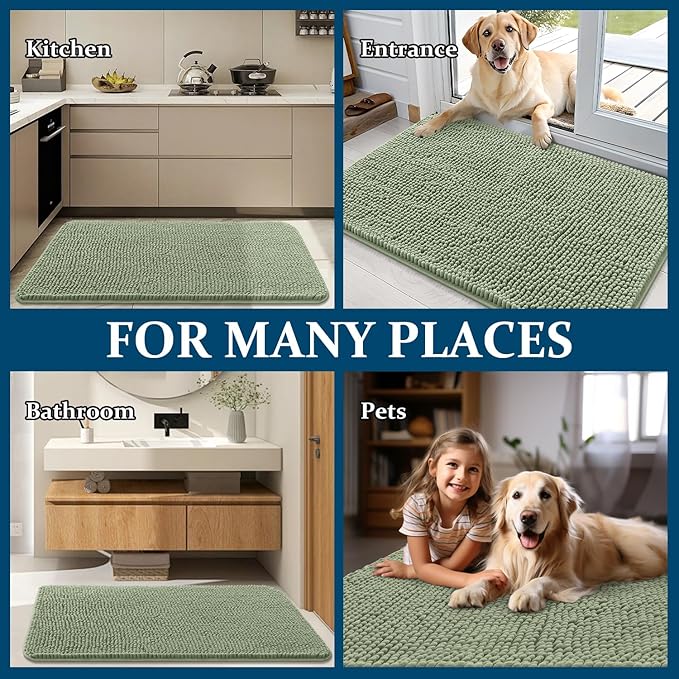 OLANLY Dog Door Mat for Muddy Paws 44x32, Absorbs Moisture and Dirt, Absorbent Non-Slip Washable Doormat, Quick Dry Chenille Mud Mat for Dogs, Entry Indoor Entryway Carpet for Inside Floor, Sage Green