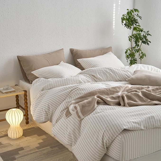 MooMee Striped Duvet Cover Set 100% Washed Cotton Linen Like Textured Breathable Durable Soft Comfy (White Tannish Linen Grey Wide Stripes, Queen 90"x90")