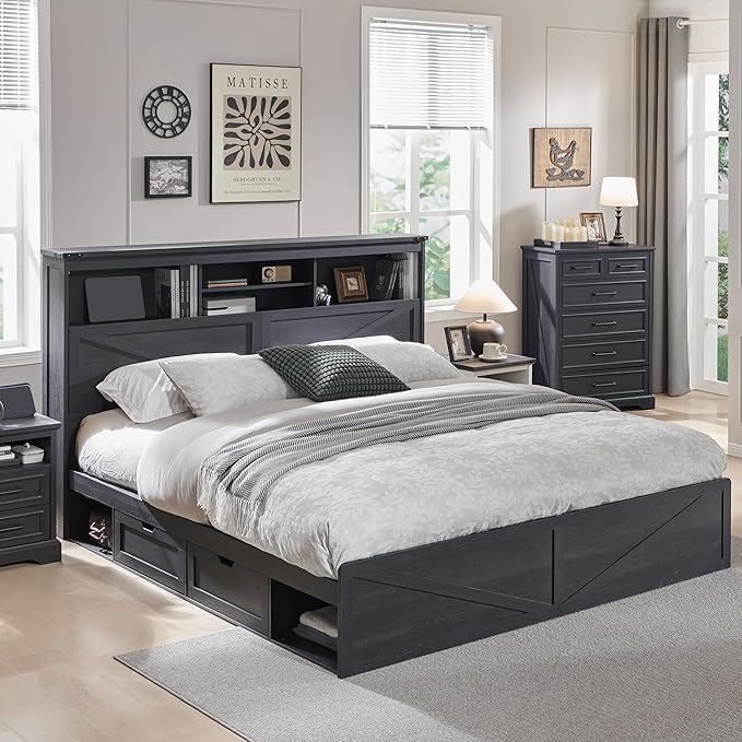 ACCOHOHO King Bed Frame Farmhouse with 52" Storage Bookcase Headboard, 4 Drawers Wooden Bed Frame, LED Light, Charging Station - Black