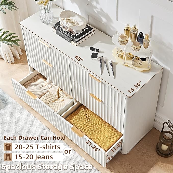LEYAOYAO 48" Wide Fluted Dresser and 3 Drawers 23" Nightstand Set of 2, Wooden Dresser & Night Stand with Charging Station, 3 Piece Bedroom Furniture Set, Chest of Drawer for Living Room,Antique White