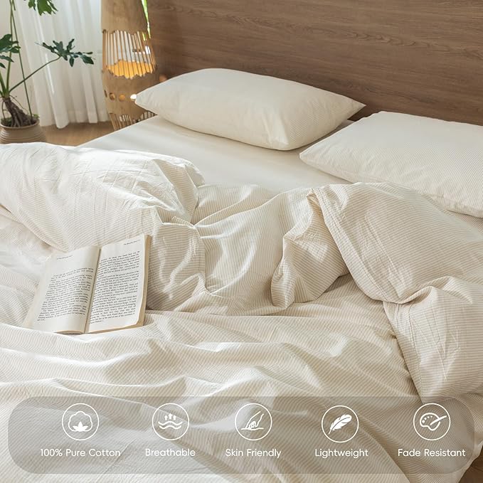 MooMee Striped Duvet Cover Set 100% Washed Cotton Linen Like Textured Breathable Durable Soft Comfy (Almond Milk Grey Pinstripes, Oversized Full 82"x86")