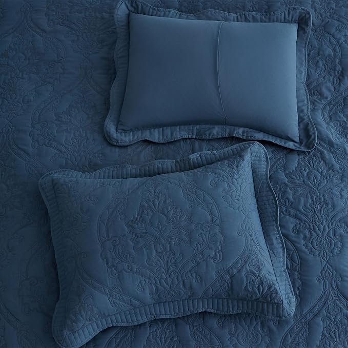 CHIXIN Oversized Bedspread Coverlet Set King Size - Lightweight Bedding Cover - Beautiful Stitching - 5 Piece Reversible Bedspread - Gorgeous Damask Paisley Pattern (King, Navy)