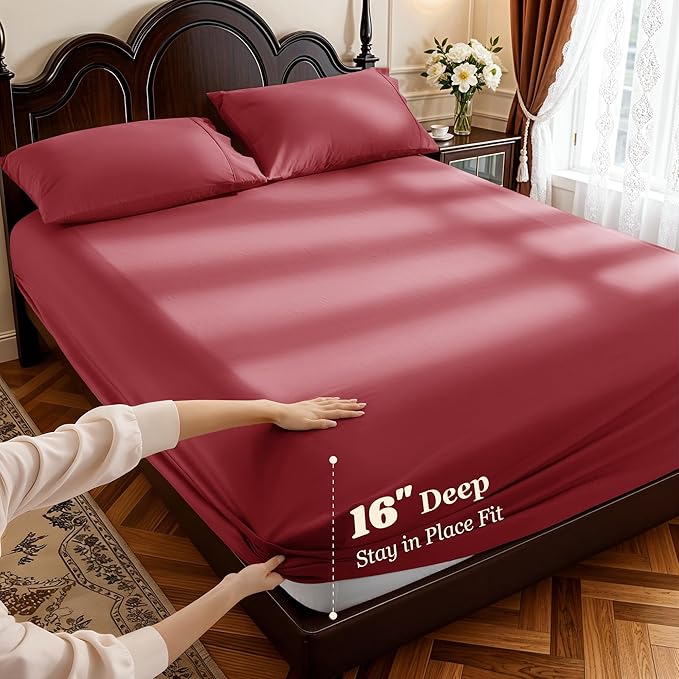 LBRO2M 1000 Thread Count 100% Egyptian Cotton Sheets Set Queen Size, 4 Piece Sets Bed Sheet Deep Pocket Sheet Set 16" Soft Comfortable All Season (Queen, Burgundy)