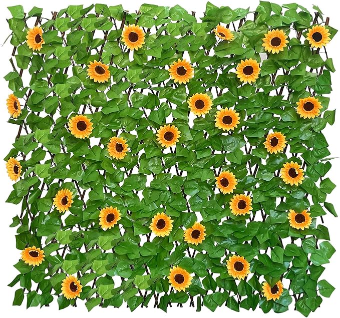 Sumery Expandable Fence Privacy Screen for Balcony Patio Outdoor,Decorative Faux Ivy Fencing Panel,Artificial Hedges (Single Sided Leaves) (2, Sunflowers)