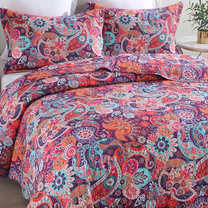 Cotton Bedspread Quilt Sets Reversible Bedding Coverlet Sets Comforter Paisley Floral Bohemian Bedspread,Bohemian Red Gorgeous Pattern,Queen Size