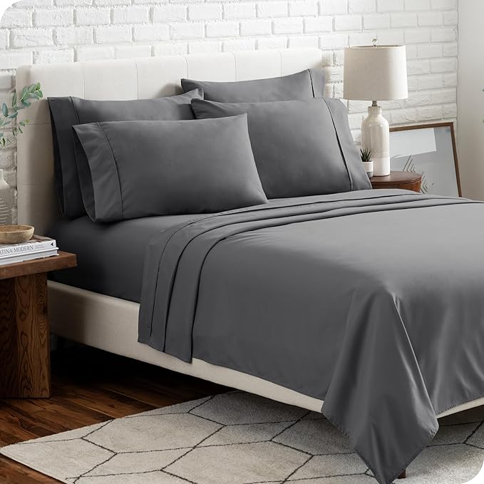 Bare Home Hotel Luxury Split King Sheet Set, Extra Soft - 7 Piece Set - Deep Pockets - Easy Fit - Cooling & Breathable - Wrinkle, Fade, Stain Resistant - Includes 4 Pillowcases (Split King, Grey)