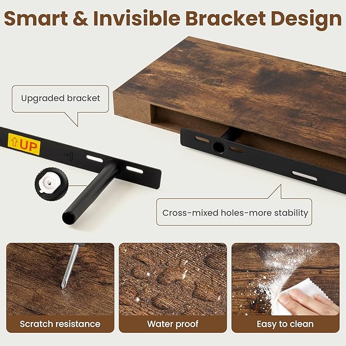 48 Inch Floating Shelves for Wall, 8 Inch Deep Floating Shelf for Storage & Display, Wall Mounted Shelf with Invisible Brackets for Living Room, Kitchen, Bathroom, Home Decor, Set of 2, Rustic Brown