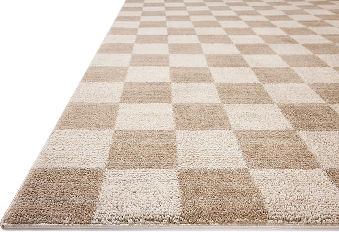 Loloi Chris Loves Julia Calvin Collection CLV-01 Pebble/Ivory 2'-7" x 10'-0" Runner Rug Checkered Neutral Soft Living Room Bedroom Carpet