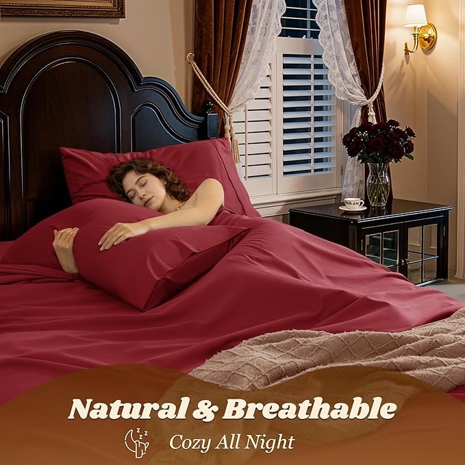 LBRO2M 1000 Thread Count 100% Egyptian Cotton Sheets Set Full Size, 4 Piece Sets Bed Sheet Deep Pocket Sheet Set 16" Soft Comfortable All Season (Full Burgundy)