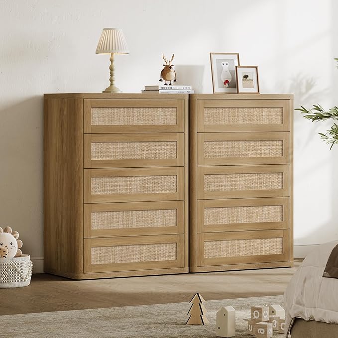 SICOTAS Tall Dresser for Bedroom - Rattan 5 Drawer Dressers Chest of Drawers with Push-to-Open Design, Modern Extra Deep Clothes Dresser with Large Storage for Closet, Living Room, Amber Oak, 3PCS