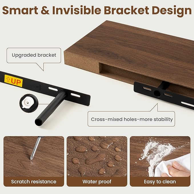 30 Inch Floating Shelves for Wall, 8 Inch Deep Floating Shelf for Storage & Display, Rustic Wall Mounted Shelf with Invisible Brackets for Living Room, Kitchen, Bathroom, Home Decor, Set of 2, Walnut