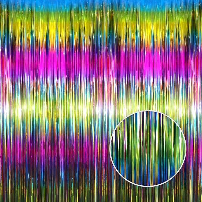 GOER 3.2 ft x 8.2 ft Metallic Tinsel Foil Fringe Curtains Party Photo Backdrop Party Streamers for Birthday,Graduation,New Year Eve Decorations Wedding Decor(4 Packs,Macaroon Rainbow)