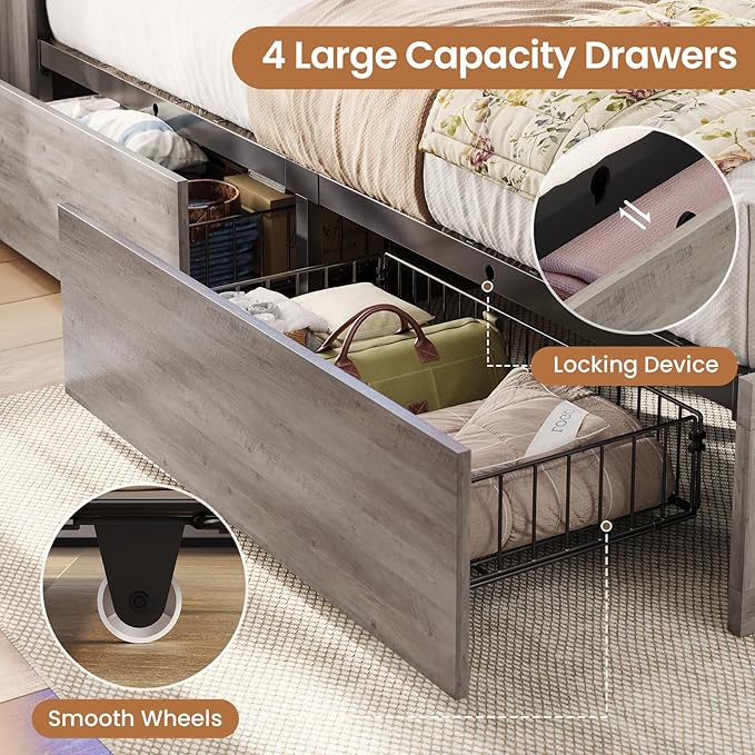 VIAGDO Farmhouse Bed Frame Queen Size with Bookcase Storage Headboard, Charging Station and LED Lights, Wooden Queen Bed Frame with 4 Drawers, Barn Door Design, No Box Spring Needed, No Noise, Grey