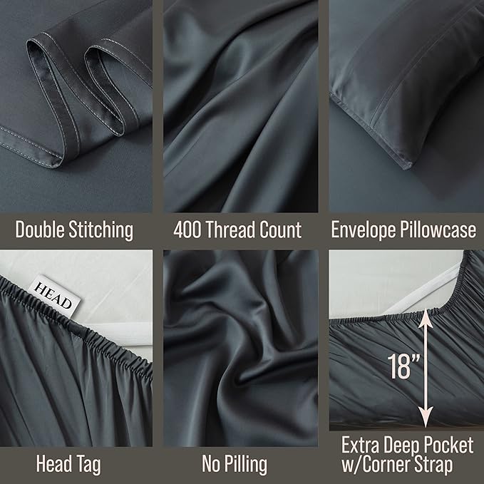 Bella Coterie 6 Piece Luxury Bamboo Viscose Queen Size Sheet Set | 100% Organically Grown | Cooling for Hot Sleepers | 18" Deep Pocket | Soft & Hypoallergenic | 4 Pillowcases [Charcoal Grey]