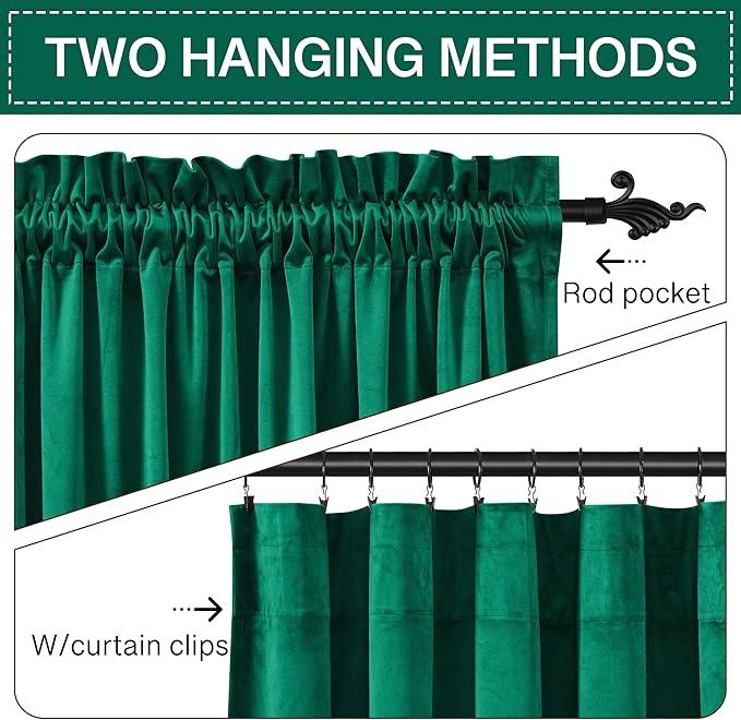 StangH Emerald Green Velvet Curtains Blackout - Classic Solid Christmas Decorative Thermal Insulated Blackout Window Drapery for Living Room/Holiday Fete, W52 x L96-inch, 2 Panels