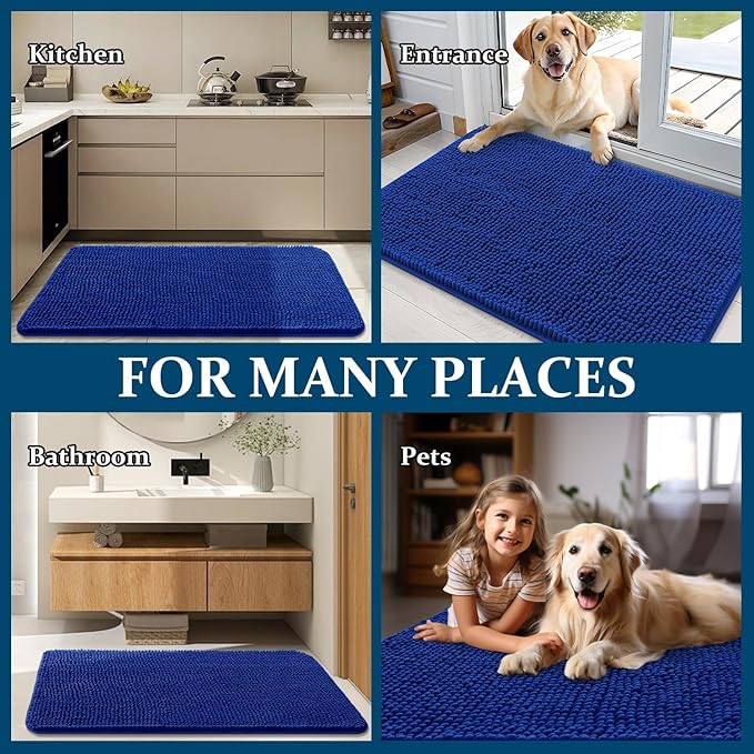 OLANLY Dog Door Mat for Muddy Paws 40x32, Absorbs Moisture and Dirt, Absorbent Non-Slip Washable Doormat, Quick Dry Chenille Mud Mat for Dogs, Entry Indoor Entryway Carpet for Inside Floor, Royal Blue