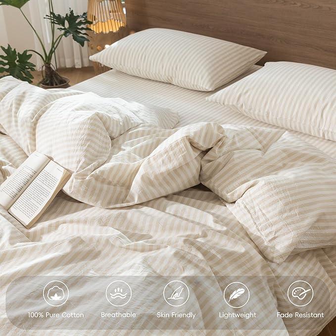 MooMee Striped Duvet Cover Set 100% Washed Cotton Linen Like Textured Breathable Durable Soft Comfy (Almond Milk Grey Classic Stripes, Twin 68"x90")