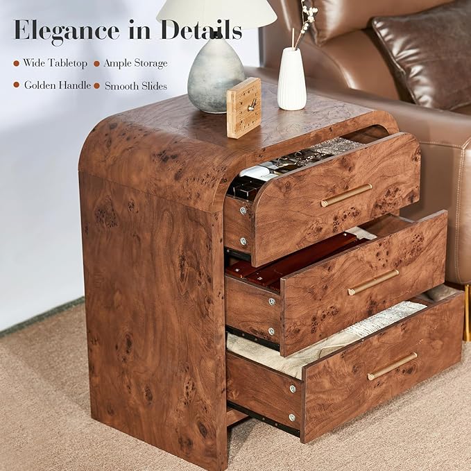 Farmhouse Nightstand, 23.5" Curved Modern Night Stand with 3-Drawer, Bedside Table, End Table for Bedroom, Storage Cabinet for Living Room Home Office Entryway, Dark Burl