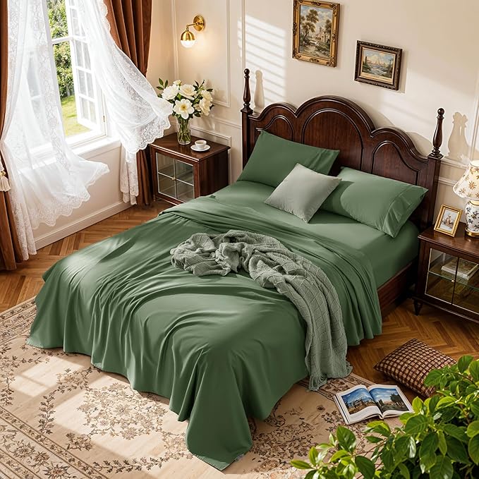 LBRO2M 1000 Thread Count 100% Egyptian Cotton Sheets Set California King Size, 4 Piece Sets Bed Sheet Deep Pocket Sheet Set 16" Soft Comfortable All Season (California King, Olive Green)