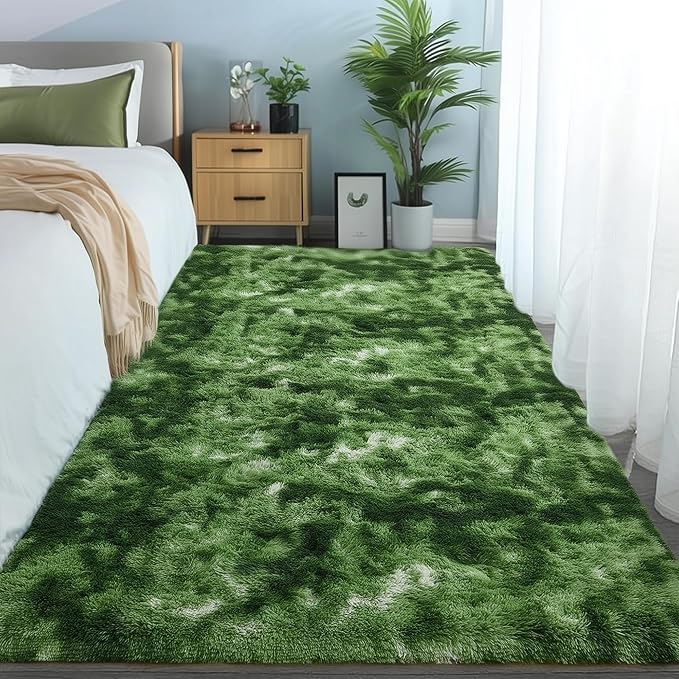 PAGISOFE Area Rugs for Bedroom 4x6, Fluffy Dark Green Rugs for Living Room, Non-Slip Shaggy Carpet for Kids Boys Girls Teen Dorm Nursery Room Decor Aesthetic Modern Abstract Bedside Carpets