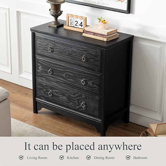 Chogori Solid Wood Dresser for Bedroom- Natural Wood Veneers & Water Based Paint Finished- Vintage Chests of Drawers, Small 3 Drawer Dresser (1, Black)